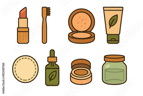 Eco-Friendly Beauty Icons. Eco Beauty Products flat icon set: natural lipstick, bamboo brush, mineral powder, tinted moisturizer, reusable cotton pad, plant-based serum, eye shadow