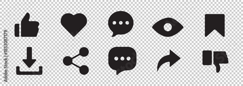 Social media interface vector icons set isolated on transparent background communication engagement symbols