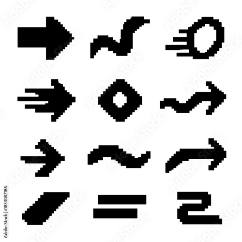 Active Movement Icons. Active Movement Forms pixel style icon set: energetic arrow, flowing motion band, swift curve stripe, kinetic arc ring, forward trail marker, pulse-flow bead