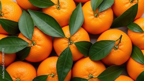 Fresh ripe tangerines with vibrant green leaves creating a full-frame, textured background.