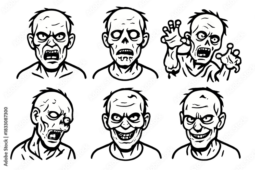 Fototapeta premium Zombie Faces Icons. Zombie Expressions Set linear icon set: snarling face, hollow eyes, drooling mouth, reaching hands, twisted head, eerie grin