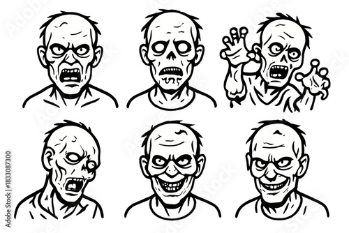 Zombie Faces Icons. Zombie Expressions Set linear icon set: snarling face, hollow eyes, drooling mouth, reaching hands, twisted head, eerie grin