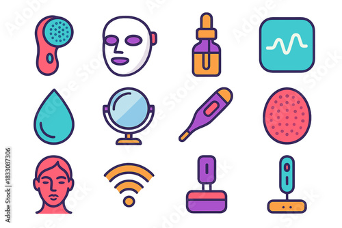 Stylish Skincare Icons. Smart Skincare Devices flat icon set: facial brush, LED mask, serum bottle, app icon, water droplet, mirror, thermometer, cleansing pad, face outline, Wi-Fi