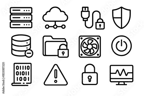 Data Servers Icons. Data Servers linear icon set: server rack, cloud icon, network cable, shield symbol, database stack, secure folder, cooling fan, power button, data stream