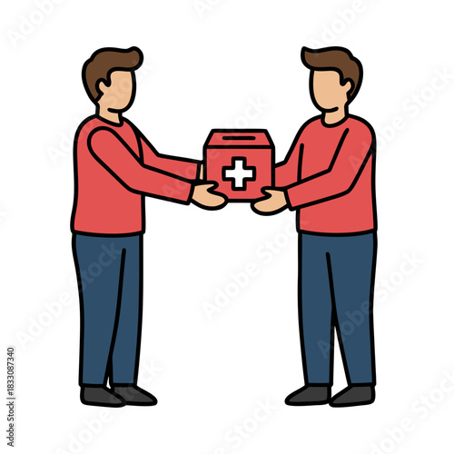 Two men exchange a red donation box with a black cross symbol on a black background symbolizing charitable giving and support