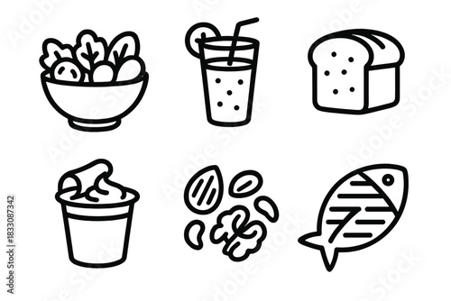 Healthy Food Icons. Healthy Choices linear icon set. salad bowl, smoothie, whole grain bread, yogurt cup, nuts, grilled fish