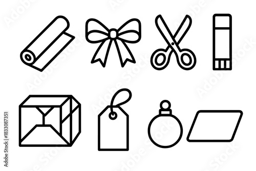DIY Gift Wrapping Icons. DIY Gift Wrapping linear icon set. paper roll, tied ribbon, scissors, glue stick, folded gift box, name tag, small ornament, wrapping surface