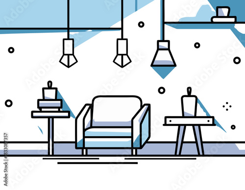 Modern Flat Style Illustration of a Cozy Living Room With Simple Furniture And Decorative Prints In Blue And White Tones