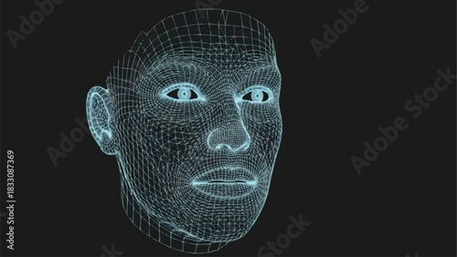 Digital wireframe human head representing artificial intelligence and technology.