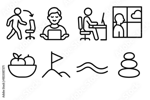 Healthy Workday Icons. Healthy Workday Practices linear icon set: step-away icon, calm pause card, ergonomic setup cue, window glance symbol, light snack bowl, micro-goal flag