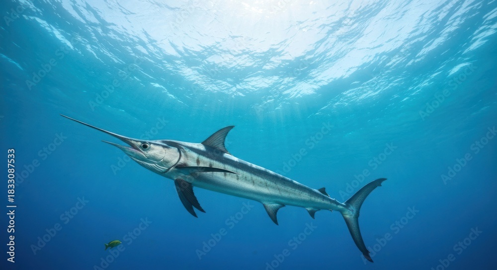 Obraz premium Underwater shot of a spearfish. Sunlight streams through the water