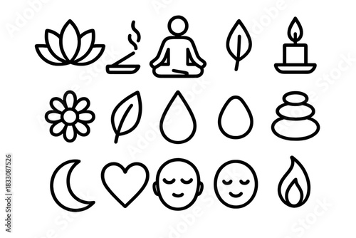 Zen Icons Collection. Zen Practice linear icon set: lotus, incense, sitting pose, candle, flower, leaf, water droplet, stones, moon, heart, calm face, flame