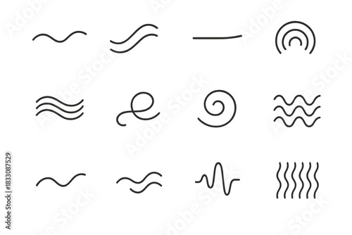 Fluid Motion Icons. Movement Flow Kit linear icon set: soft wave, drifting curve strip, smooth transition bar, ripple arc, flowing linework, continuous motion cue, gentle swirl