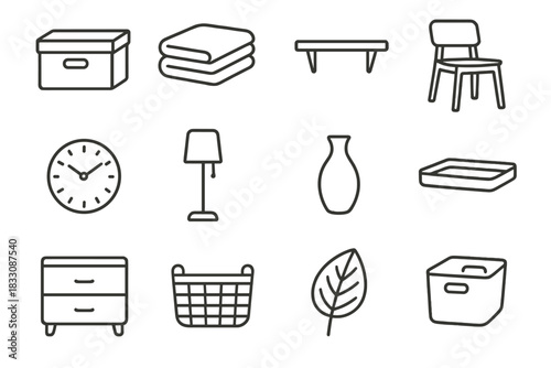 Organized Minimalist Icons. Decluttered space linear icon set: storage box, folded blanket, shelf, chair, clock, floor lamp, vase, tray, drawer, smooth surface, basket, plant leaf