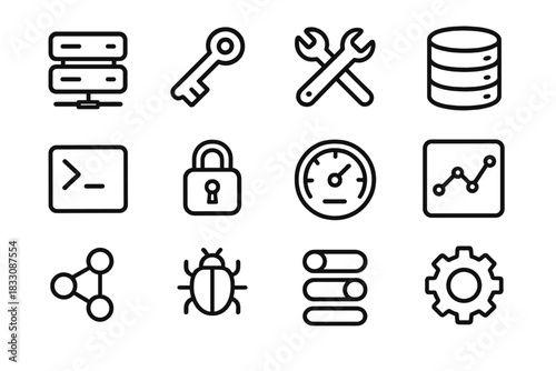 Advanced App Interface Icons. Advanced App Settings UI linear icon set. server icon, API key, developer tools, database symbol, command line, encryption lock, performance meter