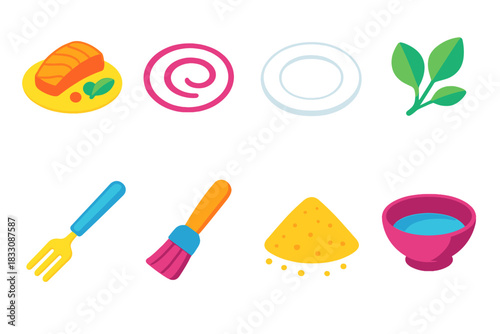 Isometric Culinary Icons. Culinary Plating flat icons set. food presentation, circular drizzle, clean white dish, garnish herbs, serving fork, sauce brush, spice dust, elegant bowl