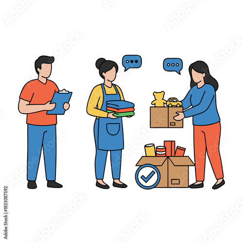 Two people packing donations into a box while another person holds a clipboard with donation details on a black background illustration
