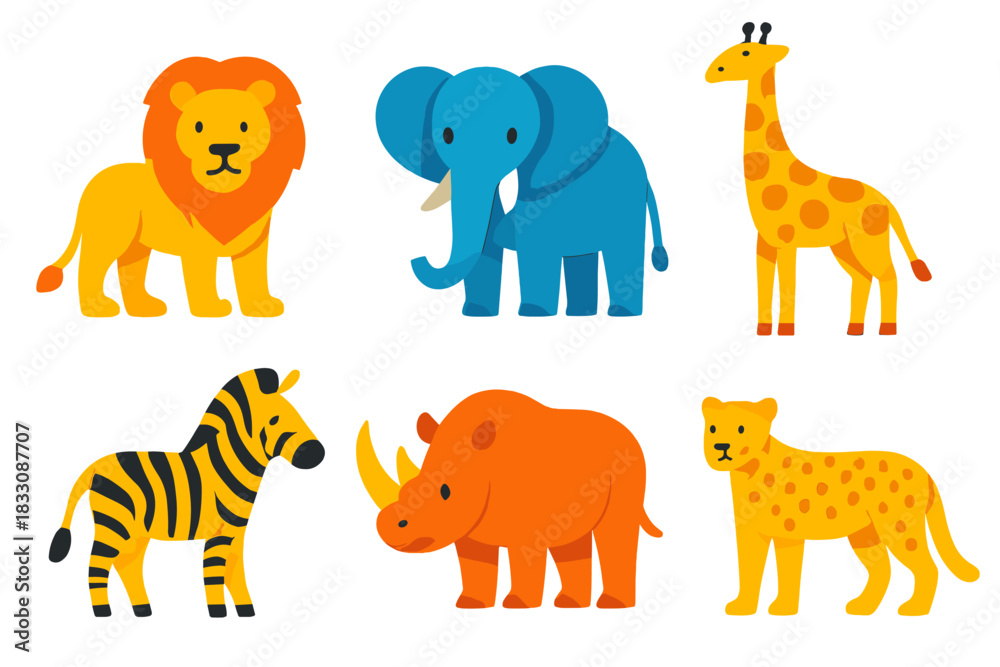 Obraz premium Vibrant Animal Icons. Wild Animals Set flat icon set: lion, elephant, giraffe, zebra, rhino, cheetah