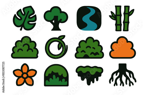 Tropical Icon Collection. Tropical Jungle Collection silhouette icon set: broad leaf, jungle tree, river bend, bamboo cluster, lush bush, vine loop, forest floor patch, humid haze