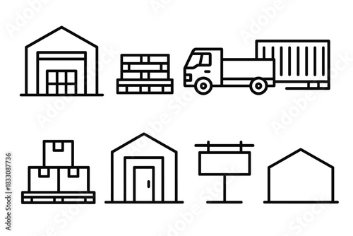 Logistics Hub Icons. Logistics hub concept linear icon set: central warehouse, pallets, transport truck, container, cargo stack, doorway, signboard, roof line