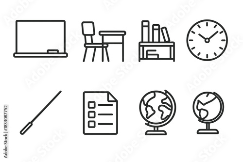 Classroom Essentials Icons. School Classroom linear icon set: chalkboard, desk, chair, globe, bookshelf, clock, pointer stick, worksheet