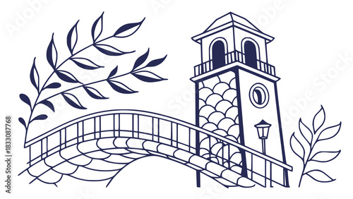A picturesque illustration of a bridge tower and foliage in blue tones
