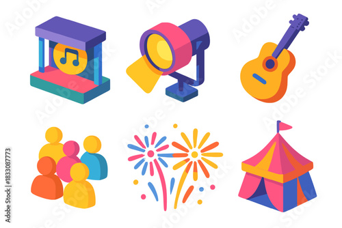 Festival Icons Set. Outdoor Entertainment flat icons set. stage, spotlight, guitar, crowd, fireworks, festival tent