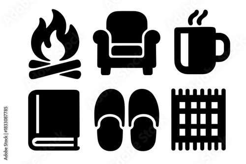 Cozy Hearth Icons. Cozy Hearth silhouette icon set: Fire, Armchair, Mug, Book, Slippers, Rug