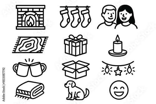 Cozy Holiday Icons. Cozy Home Exchange linear icon set. fireplace, stockings, cozy rug, wrapped parcel, candlelight, smiling couple, mug cheers, open box, twinkling lights, blanket