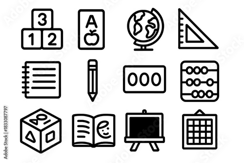 Educational Tool Icons. Kids Learning Set linear icon set: number blocks, alphabet card, globe, ruler, notebook, pencil, flashcard, counting beads, shape sorter, storybook
