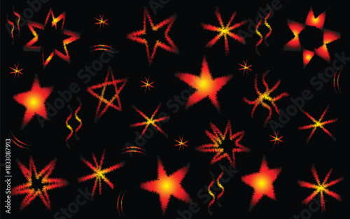 Fiery glowing star pattern with red and yellow textured spark shapes scattered on dark black background, Glowing red and yellow fiery star shapes