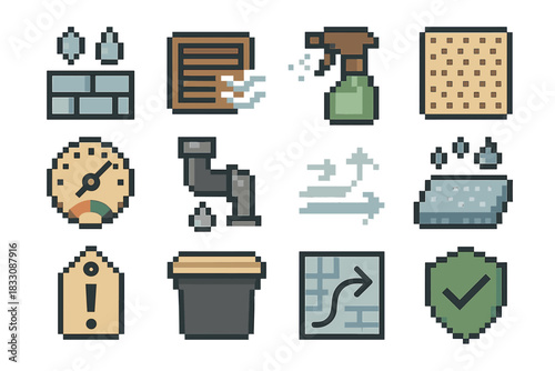 Mold Prevention Icon Set. Chemical-Free Mold Reduction Set pixel style icon set: moisture barrier tile, dry-air vent, natural spray mist, breathable mat, humidity-control gauge