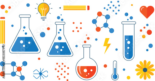 Flat design chemistry and science vector illustration featuring flasks, beakers, test tubes, atoms, and molecular structures, symbolizing research, education, innovation, and laboratory experiments.
