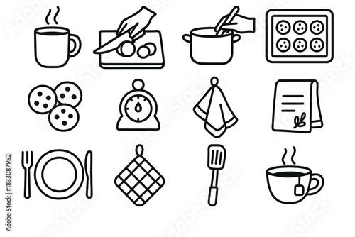 Cozy Kitchen Essentials. Cozy Kitchen Moments linear icon set: steaming mug, cutting vegetables, stirring pot, baking tray, cookies, kitchen timer, towel, recipe card, plate