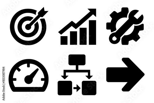 Brutalist Icon Set. Optimization silhouette icon set: target icon, upward graph, gear adjustment, performance gauge, algorithm flow, speed arrow