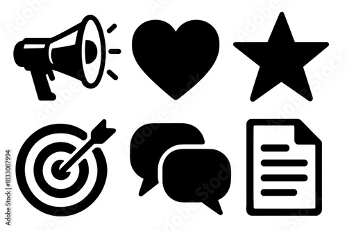 Brutalist Marketing Icons. Marketing persuasion silhouette icon set. megaphone, heart, star, target board, chat bubbles, document.