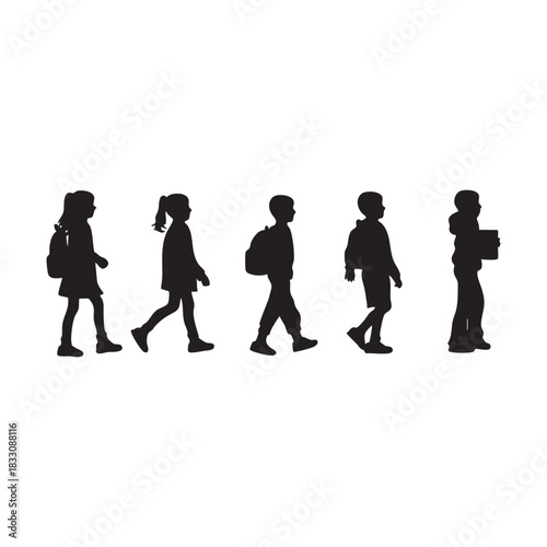 Students Walking to School Silhouette Set