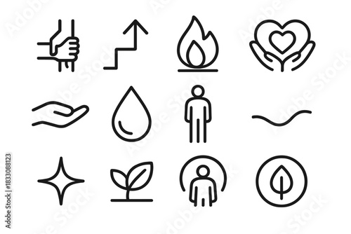 Supportive Icons Collection. Supportive Care linear icon set: supportive arm, guidance arrow, steady flame, comfort symbol, nurturer hand, clarity droplet, grounded stance, gentle
