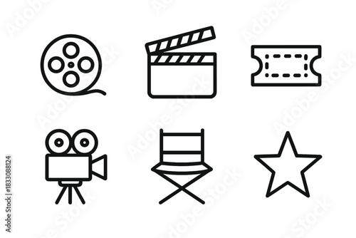 Classic Film Icons. Classic Films linear icon set: film reel, clapperboard, ticket, camera, director chair, star