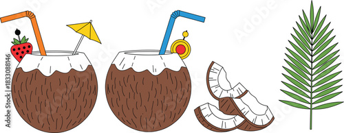 Tropical coconut cocktail drinks vector illustration set with fresh fruit slices, decorative straws, umbrella, and palm leaf, representing summer vacation, beach, and exotic refreshment.