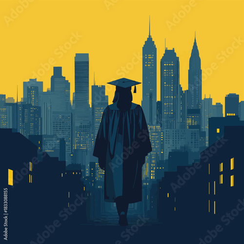 A graduate in cap and gown fades into a bustling city skyline, representing career paths and opportunities in the urban world, ad-friendly composition , vector style simple color