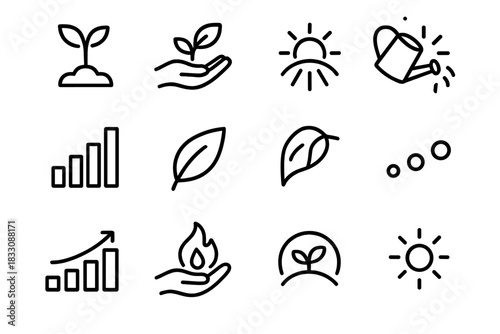 Growth Icon Series. Growth & Nurturing Themes linear icon set: sprouting plant, nurturing hand, sunlight beam, growth bar, gentle leaf, watering can, steady steps, caring flame