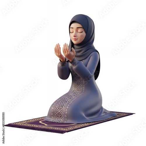 Woman in hijab kneeling on prayer mat with hands raised in prayer.