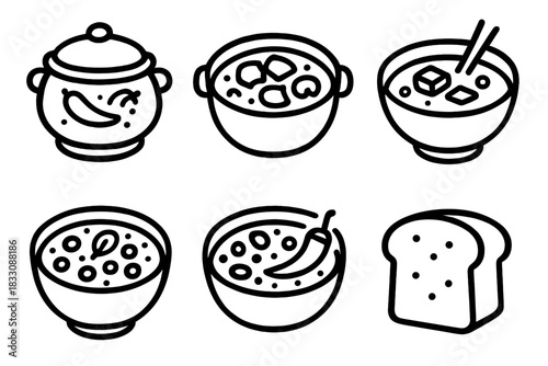 World Stews Icons. Global Stews linear icon set: curry pot, beef stew, miso soup, lentil stew, chili bowl, bread slice