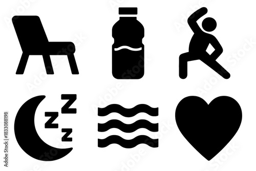 Healthy Recovery Icons. Healthy Recovery Practices Set silhouette icon set: rest chair, water bottle, stretching figure, sleep icon, gentle wave, calm heart