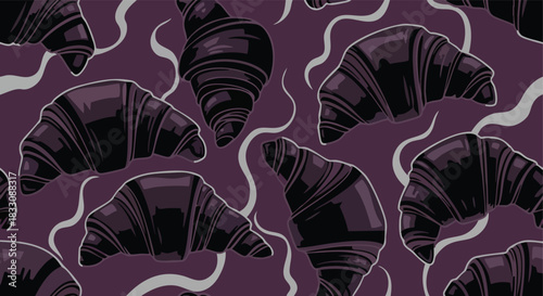 Dark stylized croissants in a seamless pattern on a rich purple background for decorative textile or digital design projects