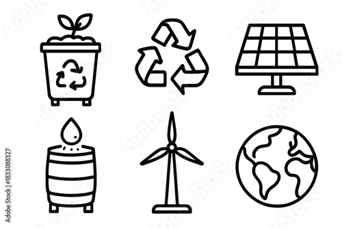 Eco-Friendly Icons. Eco Practices linear icon set. compost bin, recycling arrows, solar panel, rain barrel, windmill, earth symbol