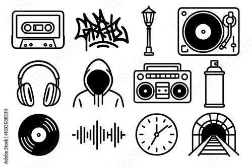 Urban Music Icons. Underground beats linear icon set: cassette tape, graffiti tag, street lamp, turntable, headphones, hooded figure, boombox, spray can, vinyl record, waveform
