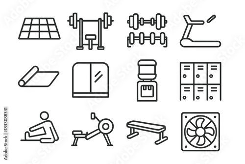 Gym Icon Set. Fitness Environments Elements Set linear icon set: gym floor, squat rack, dumbbell set, treadmill, exercise mat, wall mirror, water station, locker room icon