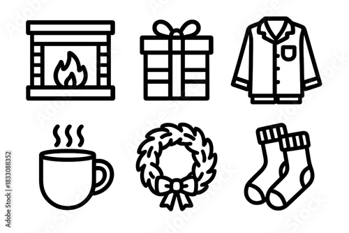 Holiday Morning Icons. Holiday Morning Magic linear icon set. fireplace, gift box, pajamas, coffee cup, wreath, warm socks